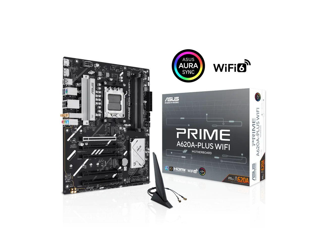 ASUS PRIME A620A-PLUS WIFI AMD ATX motherboard, 8+2+1 power stages, DDR5, PCIe 4.0 ready, PCIe 4.0 x16 slot, 2x M.2, DisplayPort, HDMI, WiFi 6, 1Gb Ethernet, Rear & Front USB 5Gbps Type-C, SATA 6 Gbps