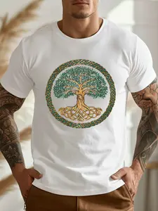 Tree with Celtic Knot Border Men's Casual Grew Neck Short Sleeve T-Shirt for Summer, PLUS SIZE