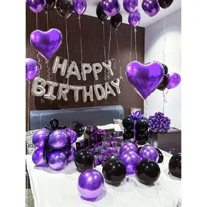 61 Sets 16-inch Silver Birthday-themed Foil Balloons with Black Purple Latex & Heart-shaped Foil Balloons for Birthday Parties Events Valentine's Day Decorations backdrop valentine