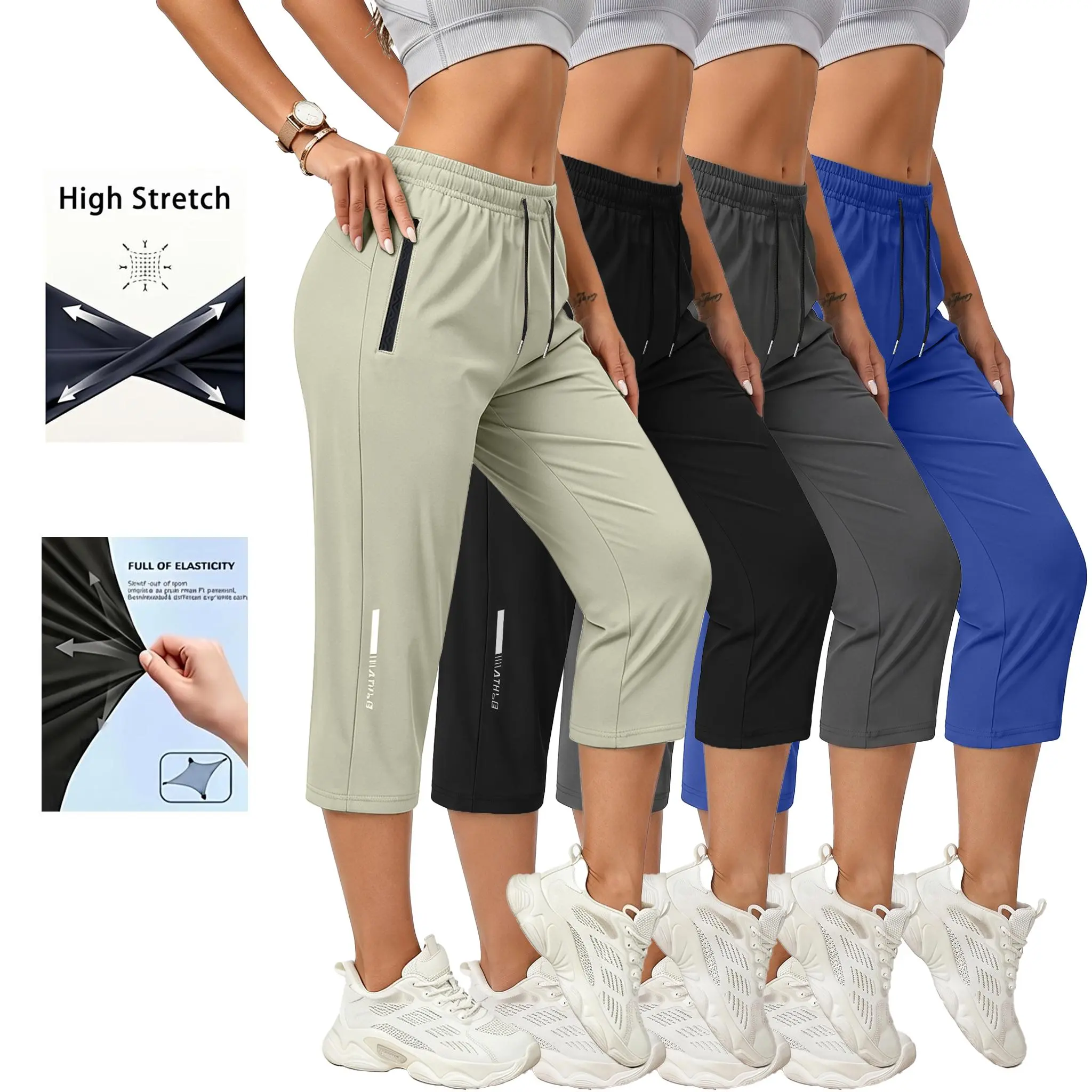 Women's 4-Pack Plain Athletic Shorts, Quick-Dry Nylon Activewear with Side Zipper Pockets for Fitness & Casual Wear, Women's Clothing, Sporty Chic