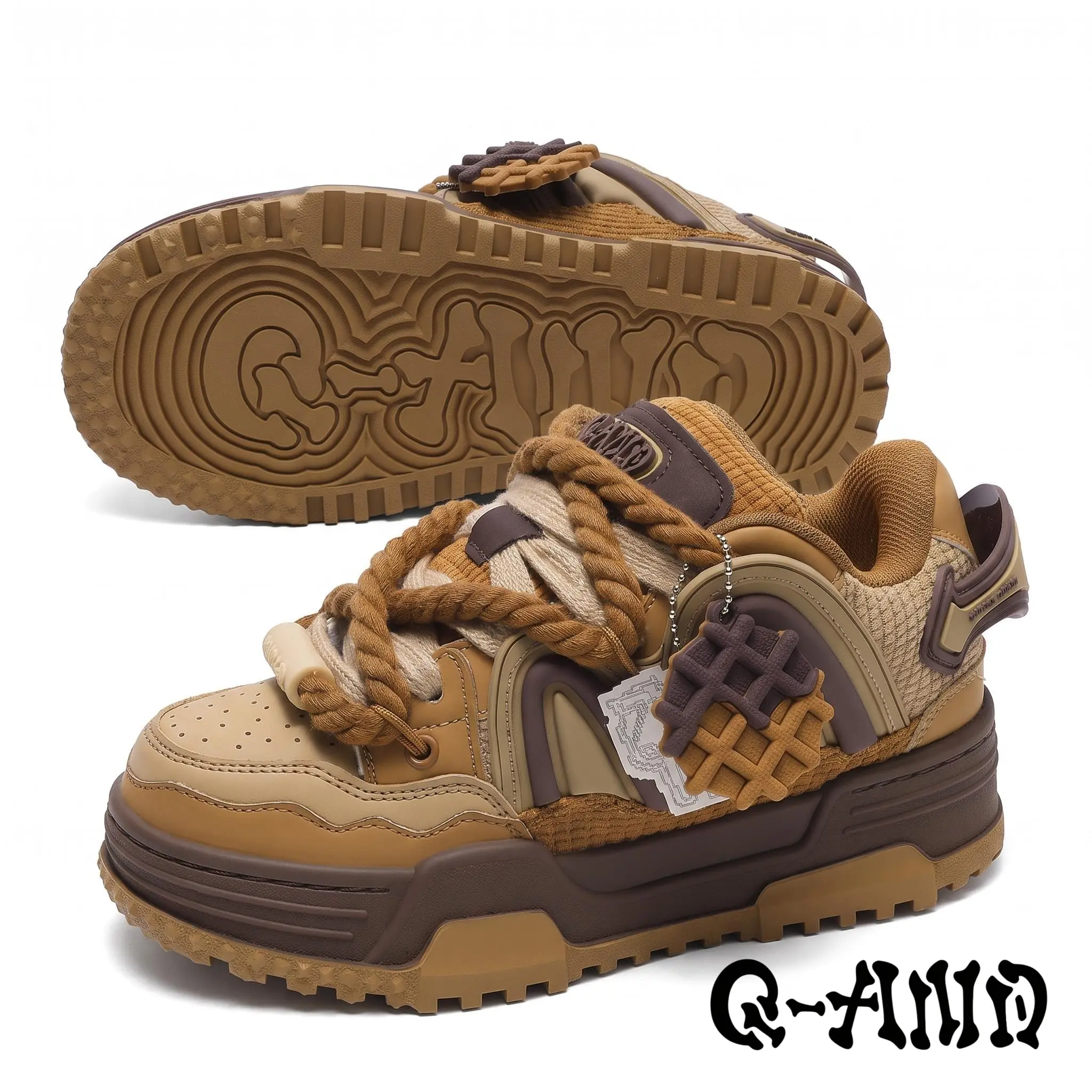 Q-AND Unisex Streetwear Platform Sneakers | Synthetic Leather & Fabric Upper | Memory Foam | Non-Slip Tread Sole | Vintage Brown Casual Shoes