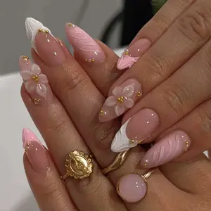 New 30pcs Carved Almond Nail Tips, Glossy Acrylic Nail Art False Nails Set, Easy Wear, Includes Jelly Glue & File, for Women and Girls