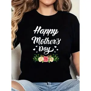 Happy Mother's Day Printed Women's T-Shirt - Casual Crew Neck Design, Pink Rose & Green Leaf Pattern, Mother's Day Gift, High Stretch Fabric, Regular Sleeve Length, Suitable for Spring, Summer and Autumn, Applique Craft, Pullover, H-Shape