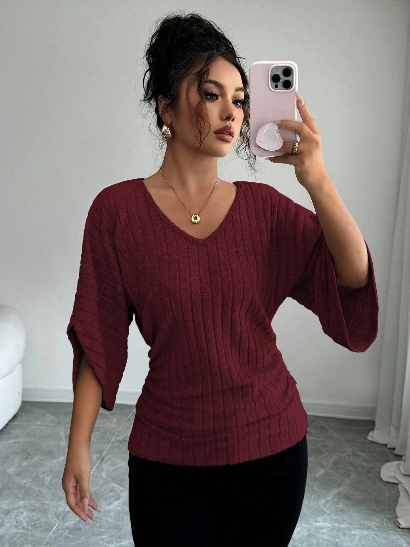 Women's Casual V-Neck Batwing Sleeve T-Shirt, Comfortable Soft Plain Fleece Knit Fit Top, Knitwear, Everyday Wear, Basic, Minimalist, Elegance, Spring & Fall Fashion Style