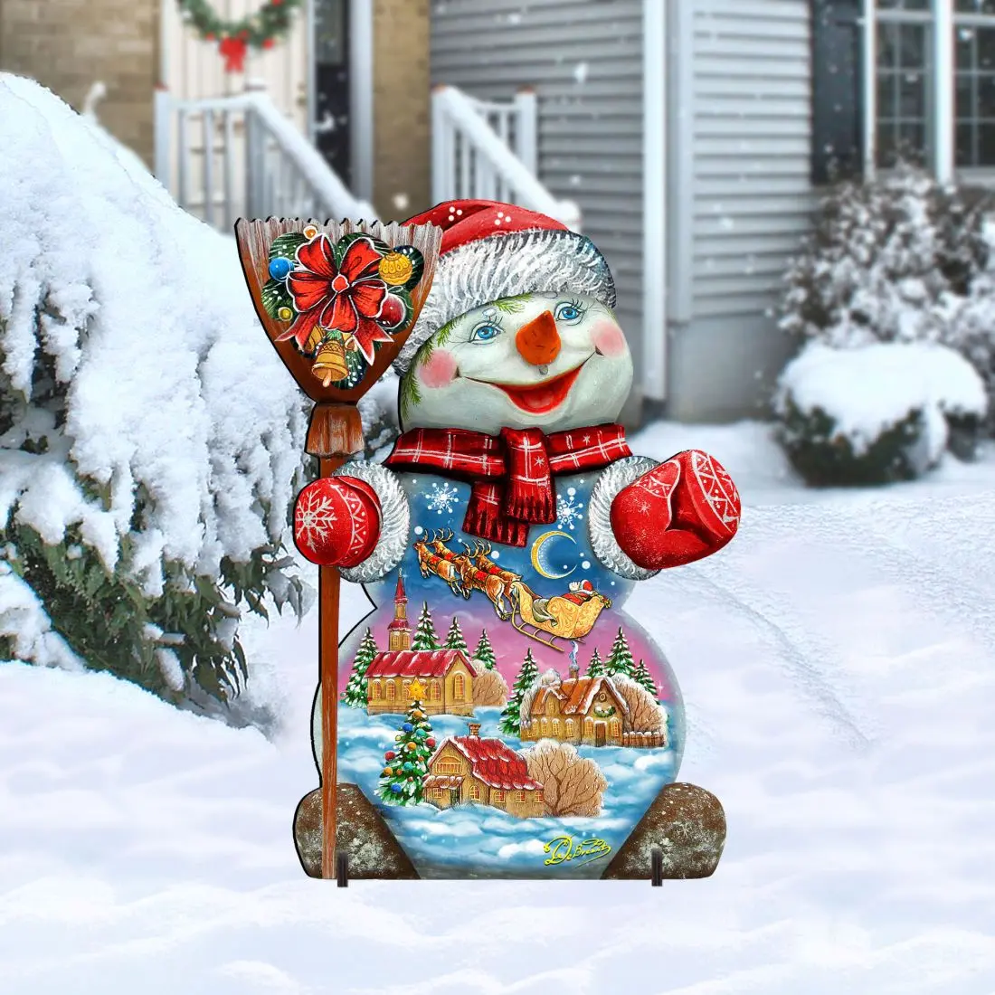 Designocracy 818158F 32 x 23 in. Santa in the Night Sky Snowman Christmas Outdoor Decor