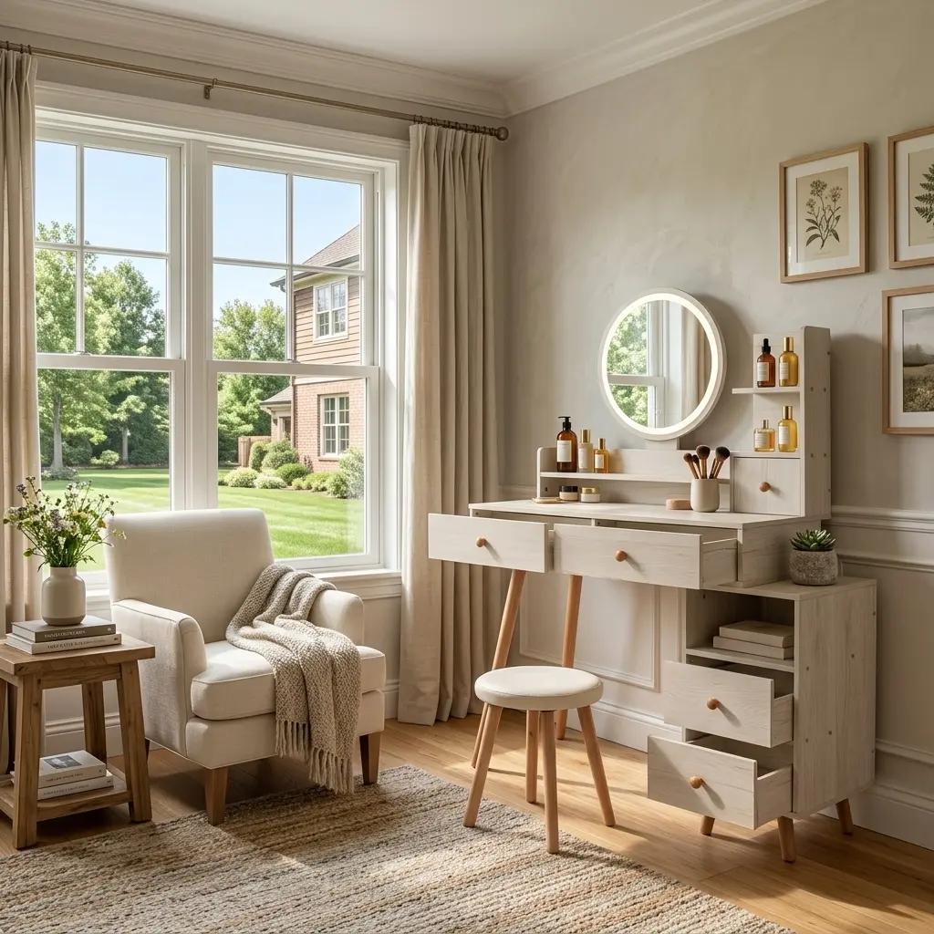 SAVEYOUR Adjustable-Length Bedroom Dressing Table with Cushioned Stool, Touch Control LED Mirror, Large-Capacity Storage Cabinet & 5 Drawers, Stylish Vanity Table, L31.5"-43.2" x W15.8" x H48.1"