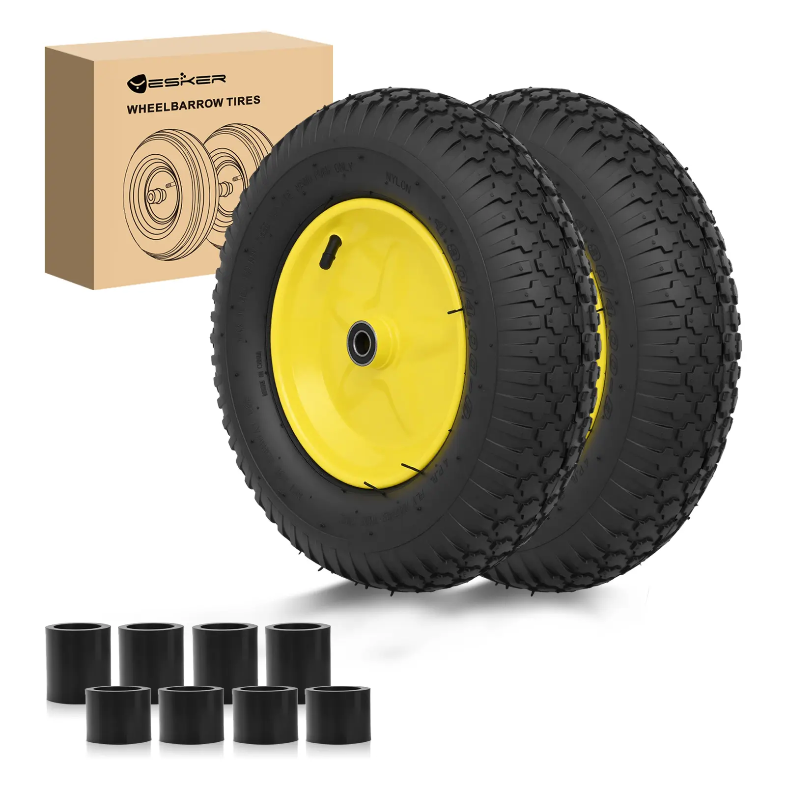 Yesker 4.80/4.00-8 Rubber Auto Replacement Pneumatic Tires & Wheels (2-Pack), 16-inch Wheel Diameter, 5/8in Axle Bore, Non-Slip Tread, High Load Capacity, Natural Shock Absorption, Reduce Wobble & Replacement Cost, for Wheelbarrow, Fathersday Gift, Utilit