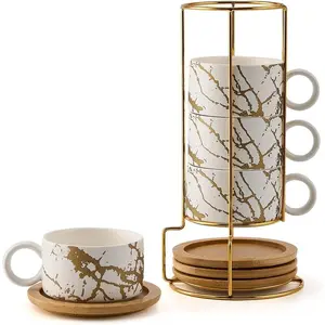 Porcelain Espresso Cup with Metal Stand, 6 Ounce Stackable Ceramic Demitasse Espresso Mugs Cappuccino Cups Set for Latte,Coffee,Cafe Mocha,(Set of 4,White)