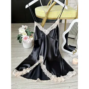1pc Elegant Women'S Satin Nightgown - Sexy V-Neck Lace Trim Sleep Dress with Cross Back Design, Breathable Polyester Slip for All Seasons