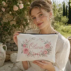 Personalized Floral Makeup Bag with Name, Custom Canvas Cosmetic Pouch for Women, Travel Toiletry Bag, Bridesmaid Birthday Gift