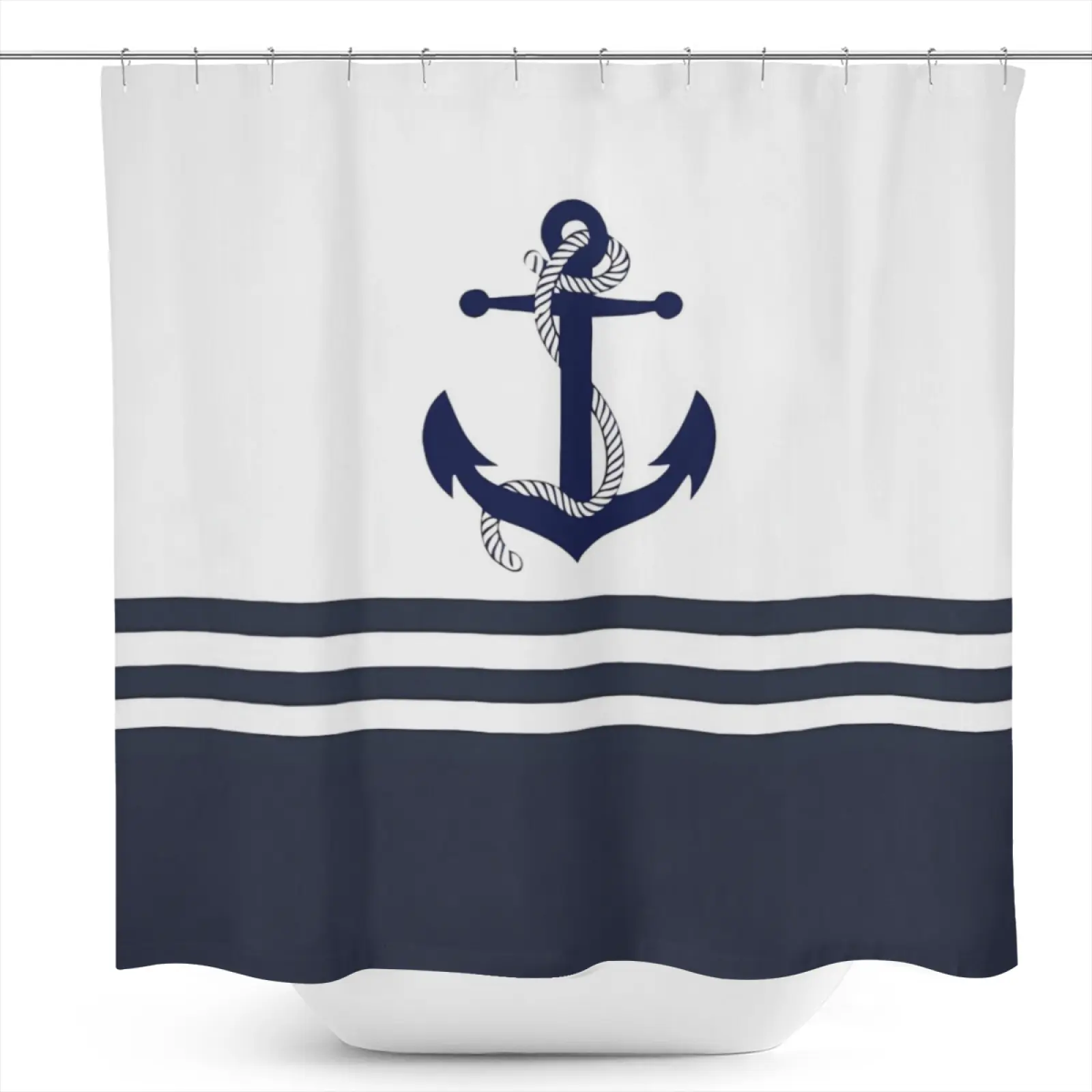 1Pc Washable Waterproof Polyester Navy Anchor Striped Nautical Shower Curtain, 71in W X 71in H, Modern Art Style, with 12 Hooks, Bathroom Decoration for All Seasons