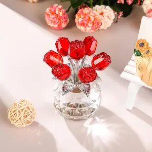 Handmade Red Rose Crystal Figurine with Vase - Office & Home Table Decor, Collectible Bouquet Ornament Gift for Women (Valentine's Day, Wedding Anniversary) perfect valentine