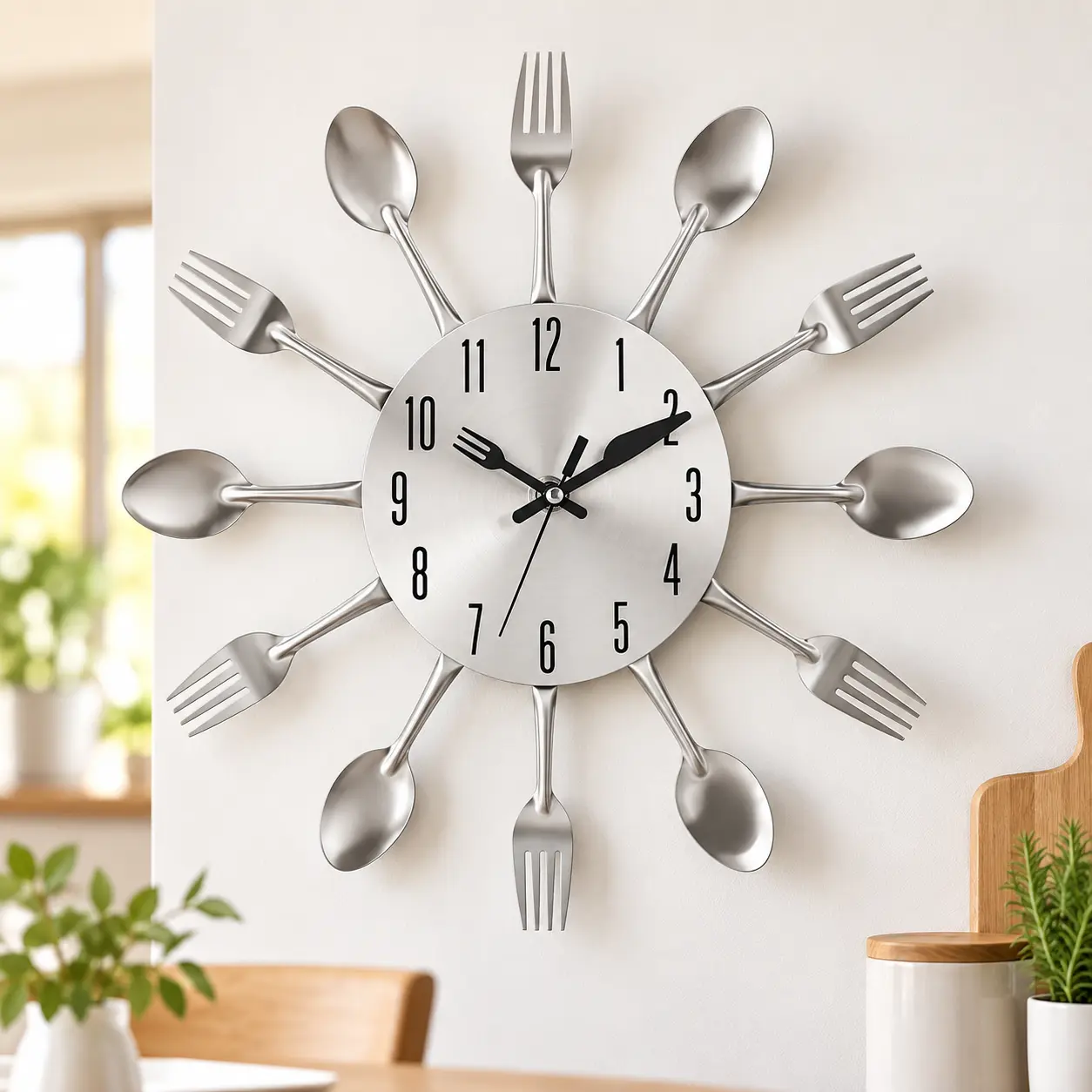 12-Inch Silver Industrial Quartz Wall Clock, 3D Flatware Round Face Design, Spoon-Fork Kitchen Accessory, Modern Home Decor