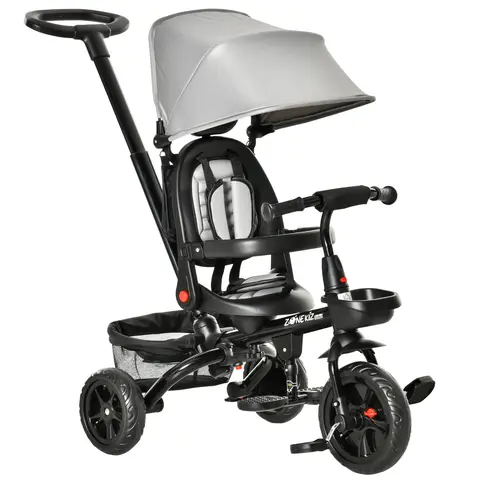 Qaba Toddler 4 In 1 Multifunction Trike Stroller (4 In 1 Mode) with Reversible Seat, Adjustable Backrest, 2.8'-3.1' Height Push Handle, Canopy, Handrail, Safety Belt, Bottom Basket, Footrest, Brake, Clutch for 1-5 Years Old