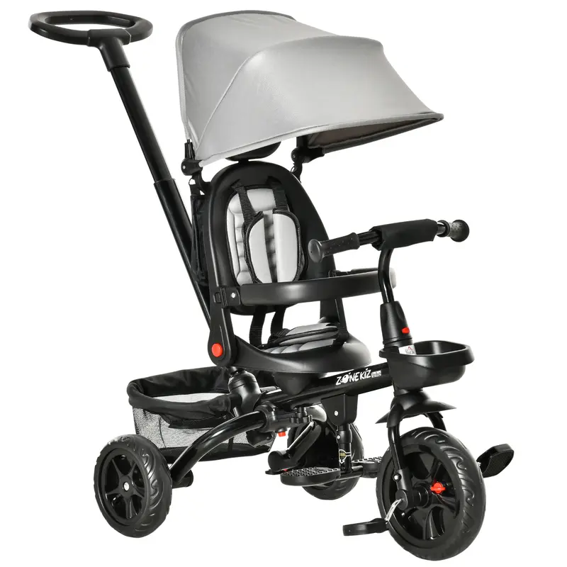 Qaba Toddler 4 In 1 Multifunction Trike Stroller (4 In 1 Mode) with Reversible Seat, Adjustable Backrest, 2.8'-3.1' Height Push Handle, Canopy, Handrail, Safety Belt, Bottom Basket, Footrest, Brake, Clutch for 1-5 Years Old