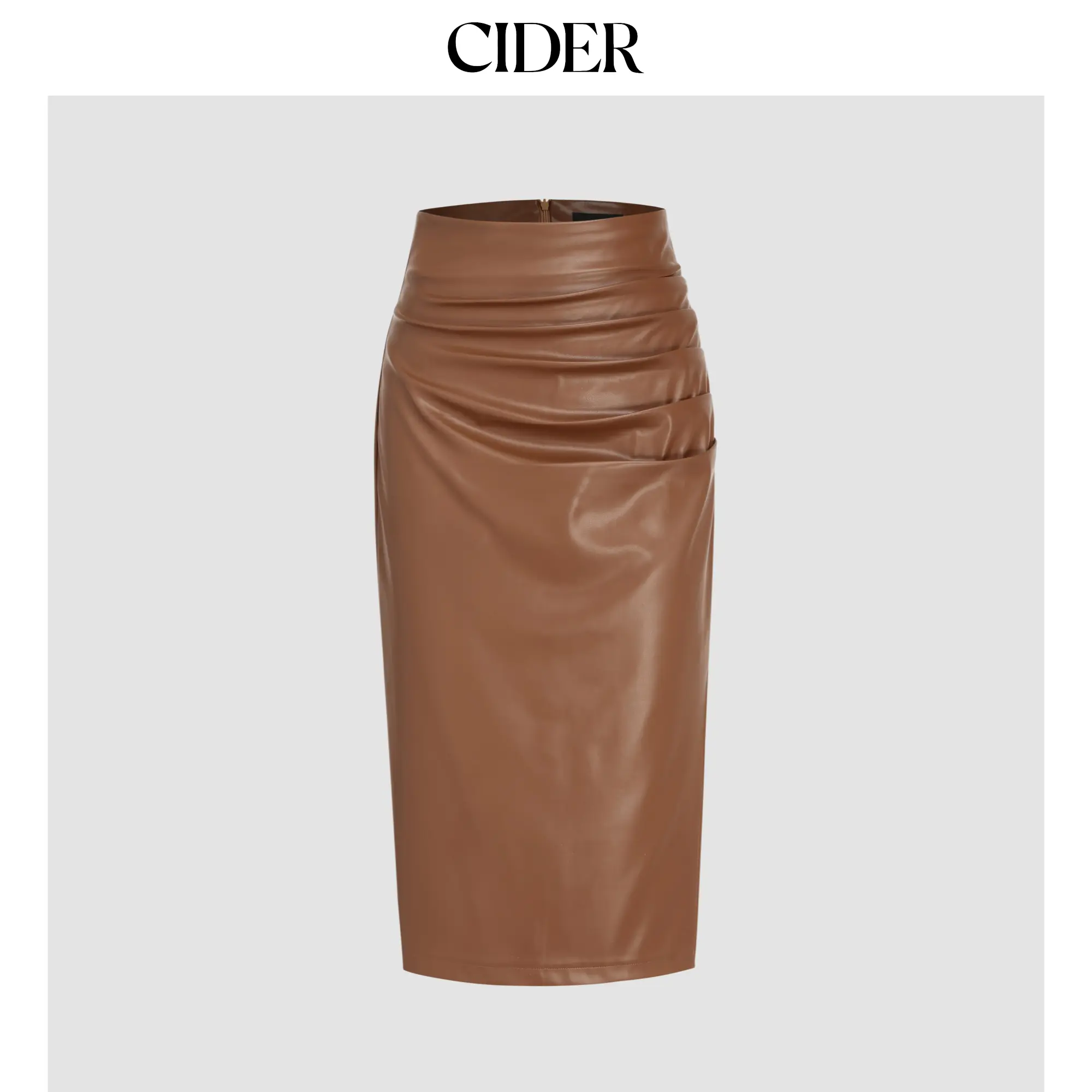 Cider Women's Sexy Faux Leather Midi Skirt - Fitted Street Fashion, Ruched Mid Waist with High Side Slit, Work, Plain, Ruched Waist, High Slit, Leather & Faux Leather