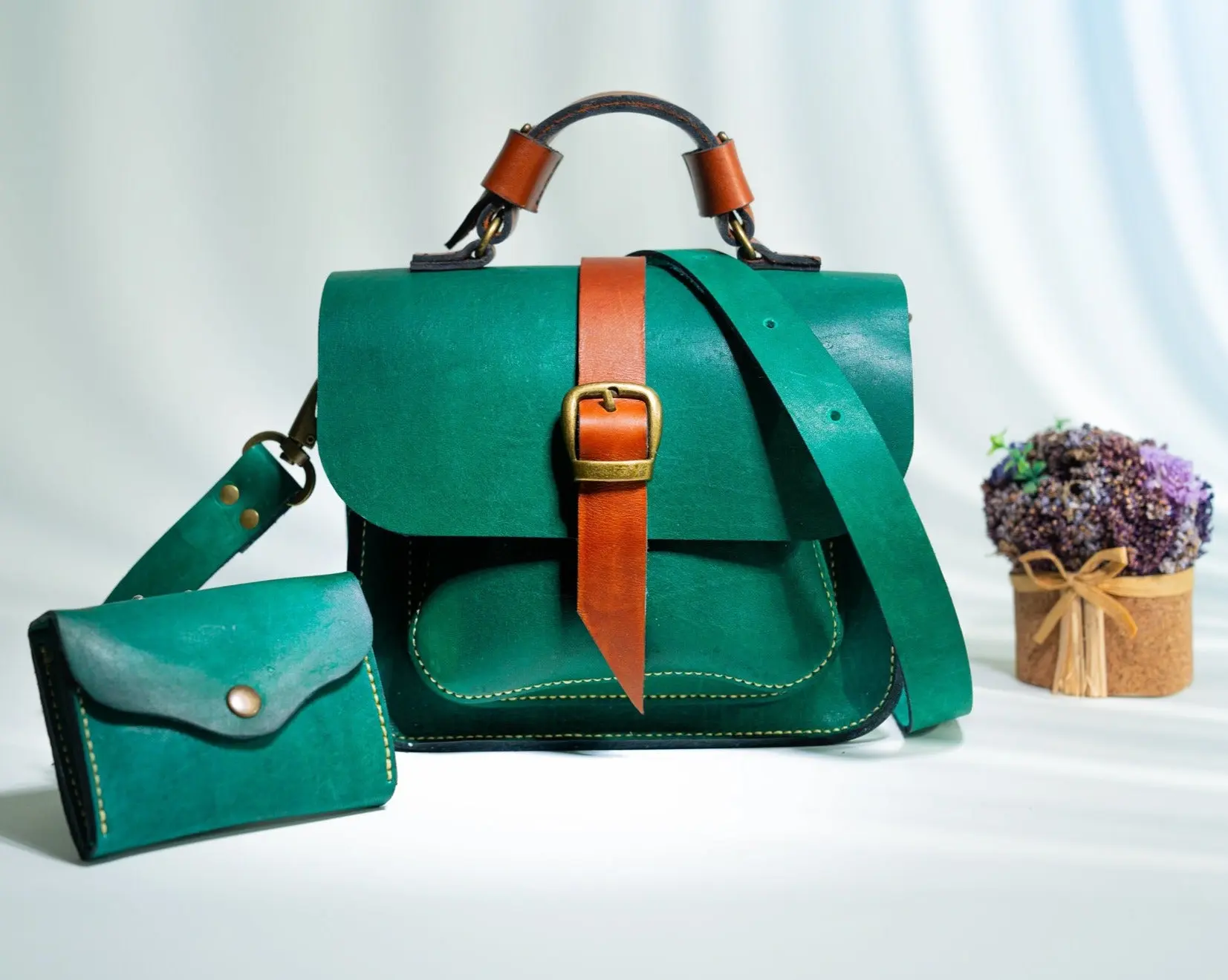 Leaf Green Handbag Set with Adjustable Strap, Decorative Elements, and Pockets in Leaf Green Color