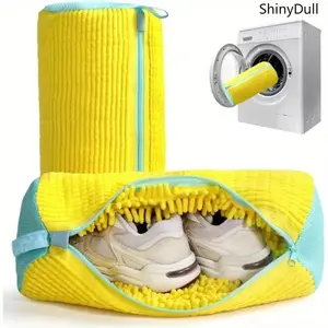 ShinyDull Padded Mesh Shoe Laundry Bag - High-Quality Polyester Nylon Laundry Product, Tear-Resistant, Hook Design, Lightweight, Portable, 39x19cm, Yellow/Gray/Blue, with Sneaker Protection Accessories for Clothes Cleaning and Organizing