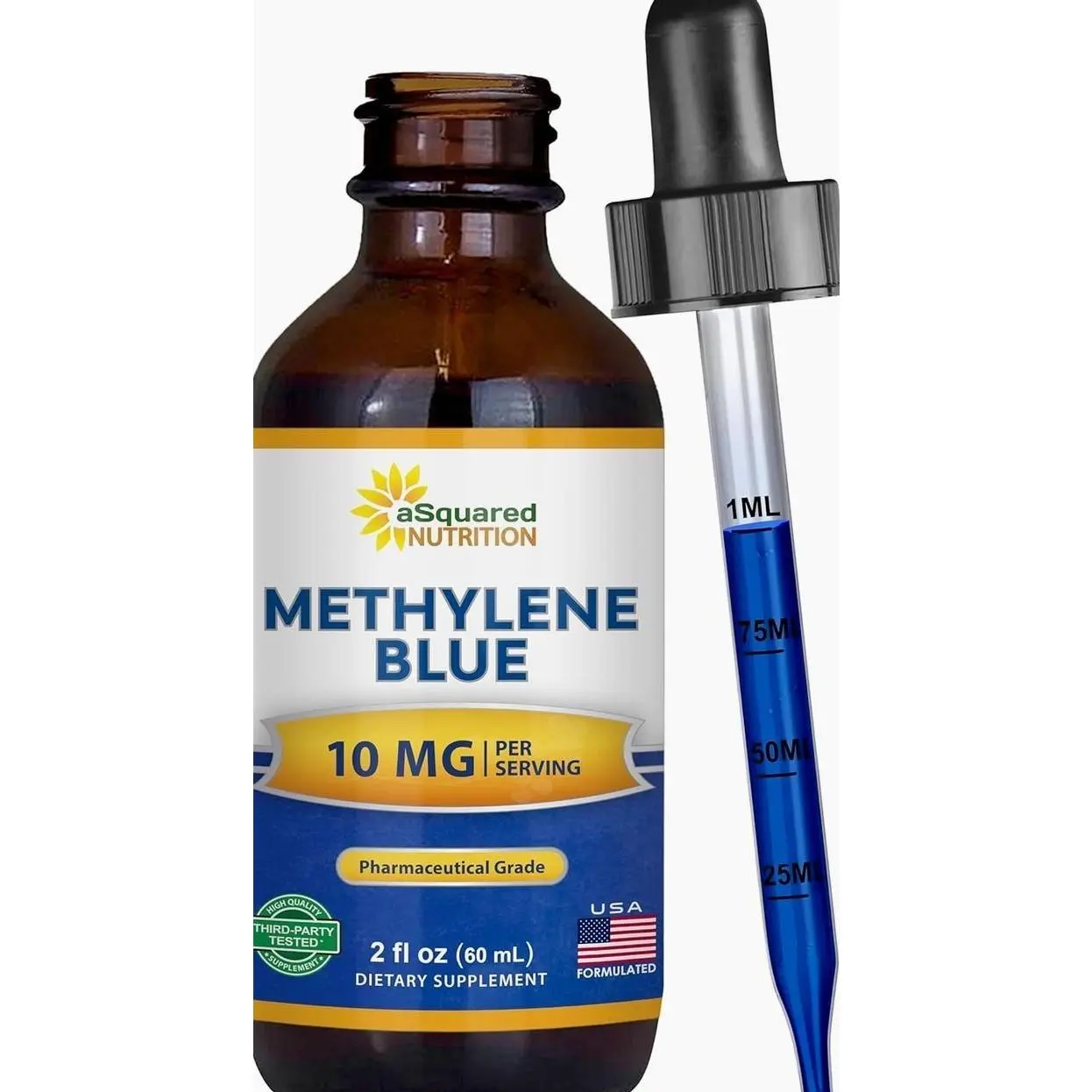 aSquared Nutrition Methylene Blue Drops - 1% Pharmaceutical Grade Liquid Supplement for Humans - 10mg USP Grade w/Vitamin C - No Formaldehyde - Brain & Energy Alternative to Capsules (2 fl oz)