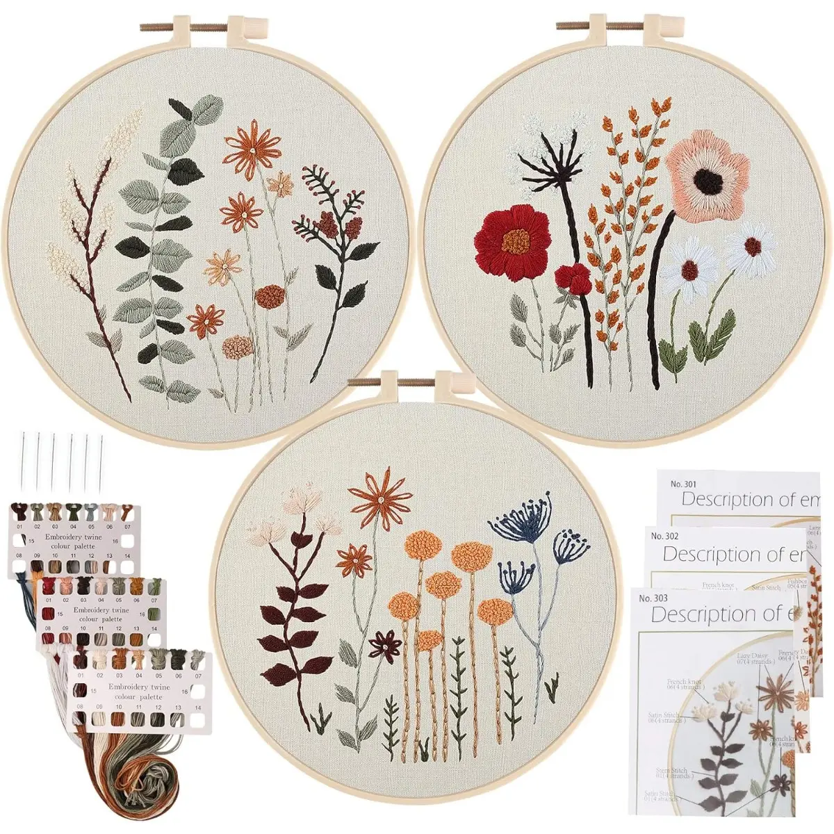 3-Pack Embroidery Kit for Beginners - Stamped Botanical Patterns, Cotton Fabric, Quilt Squares, Framed Handmade Hoop, Color Threads for Home Decor Hanging Displays, Floral Embroidery