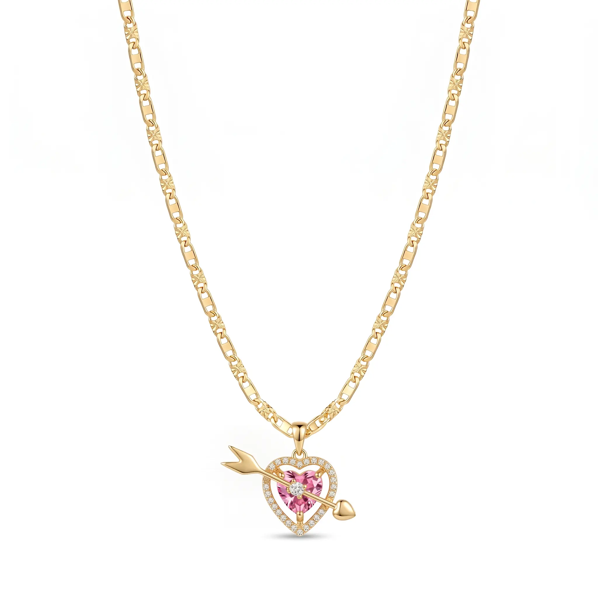 Nandudu 14K Gold-Plated Female Adult Necklace, Cupid Arrow Pink Heart Pendant, 23.62in Ornate Link Daily Jewelry with Premium Gift Box for Birthday Gifting to Girlfriend/Wife