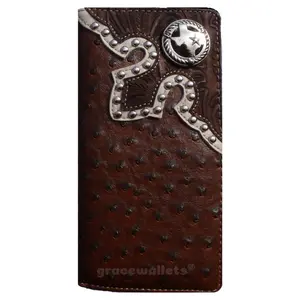 Texas State Western Men’s Bifold Wallet Ostrich Brown Checkbook Style