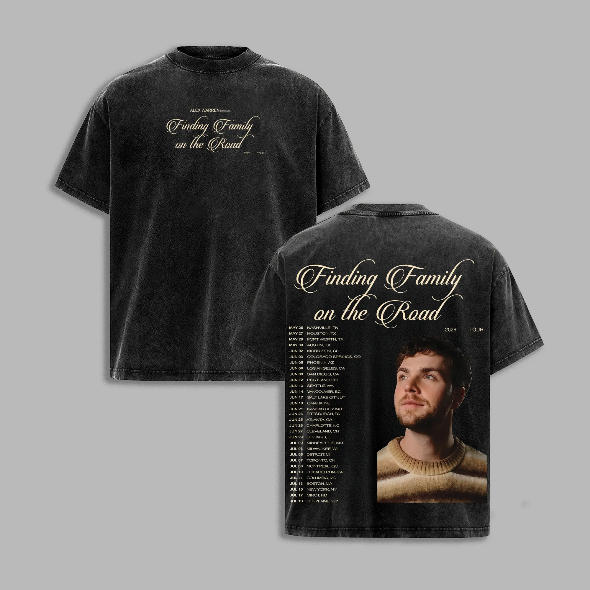Alex Warren Finding Family on the Road Tour Oversized Short-Sleeve T-Shirt - Vintage Wash Soft Cotton Fabric, Ribbed Seamless Concert Graphic Streetwear Trending Tee