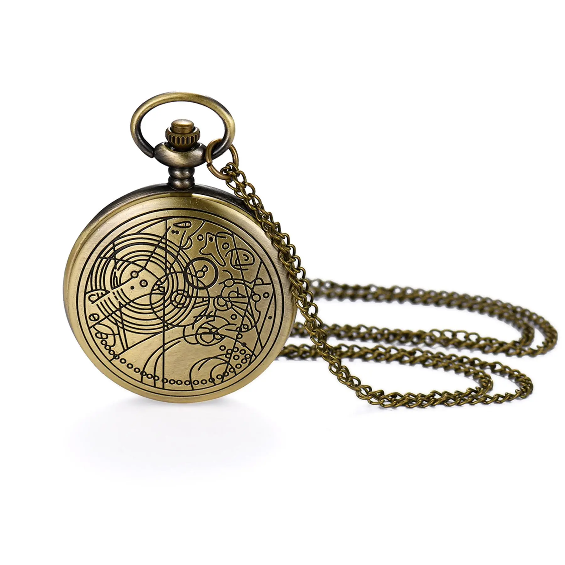 OIDEA Line-Engraved Pocket Watch - Quartz Antique Bronze Alloy Necklace Watch with Geometric Engraving Case, Numeral Dial, Velvet Pouch & Fob for Vintage Aesthetic Gifting, Chains Pocket & Fob Watches