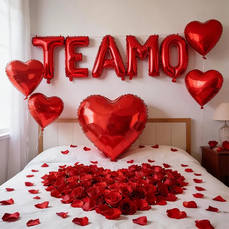 12-Pack Red 'TE AMO' Letter Foil Balloon Set, 32 Inch Large Red Heart + 4 x 10 Inch Heart Balloons + Ribbon + Tape, Wedding, Valentine's Day, Party Decor, Party Balloons Decorations, Helium Floatable
