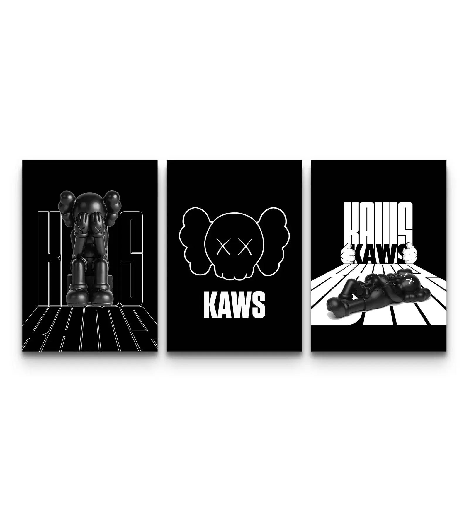KAWS Monochrome Statement Wall Art – Black Set of 3 Prints Poster Print Unframed