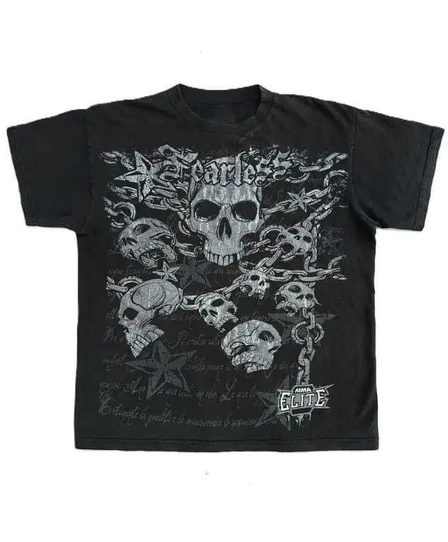 Skull Hardcore Black Tee - Punk Chain Print Shirt