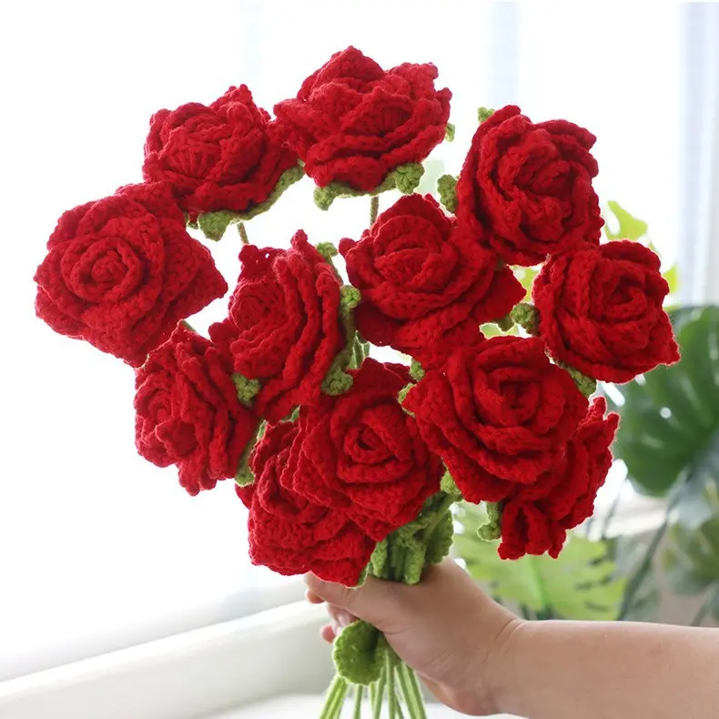 10PCS Handmade Crochet Eternal Artificial Flowers Set - 10 Roses to Arrange, 13" Tall Decorative Bouquet, Home Decor Accent for Weddings Valentine's Day Gifts, Adds Boutique Charm to Bedrooms