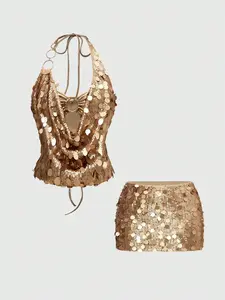 Sequin Halter Cowl Neck Mini Skirt Set Backless Party Club Outfit for Women