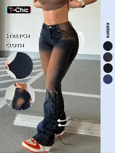 Women's Faded Pocket Button Fly Flare Leg Stretchy Medium Denim Jeans, Casual Street Comfy Lace Up Trousers for Daily Wear, Ladies Bottoms for All Seasons