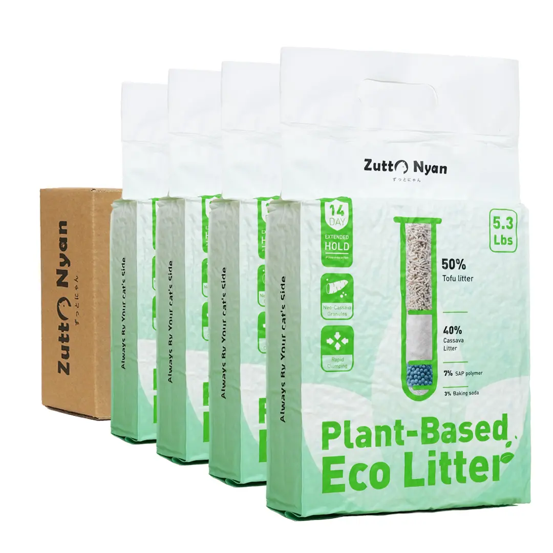 ZuttoNyan 4-in-1 Natural Cassava Mixed Eco Cat Litter, 5.3 lbs Bag, Plant-Based for Litter Boxes, Strong Clumping, Non-Stick Bottom, Included Scoop, Baking Soda, 24-Month Shelf Life, Highly Absorbent, Rich Natural Ingredients, Litter Box