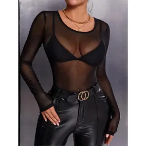 Y2K Style Solid Color Round Neck Long Sleeve Mesh Sheer Sexy T-Shirt Casual Black Spring SXY Sheer Mesh Top Without Bra