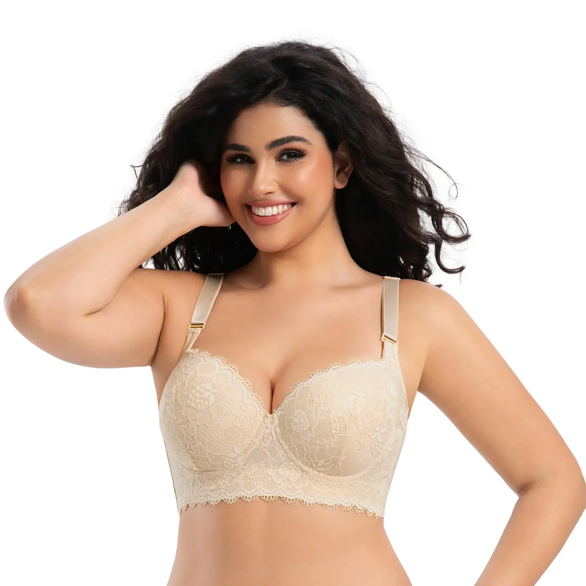 Floral Lace Underwire Push-Up Bra, Rhinestone Decor Adjustable Lace Strap Full Support Shaping Lingerie