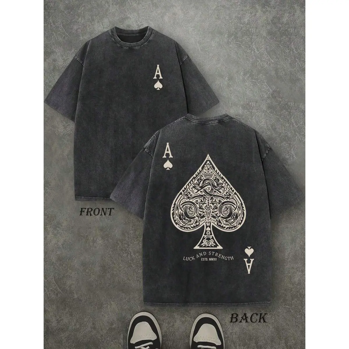 Men's 230 Pure Cotton Retro Washed Graphic Tee, Double-Sided 'LUCK AND STRENGTH' Letter & Ace Of Spades Print, Casual Street Style Comfortable Menswear Top, Men's Casual T-Shirts, Men's Graphic Tees