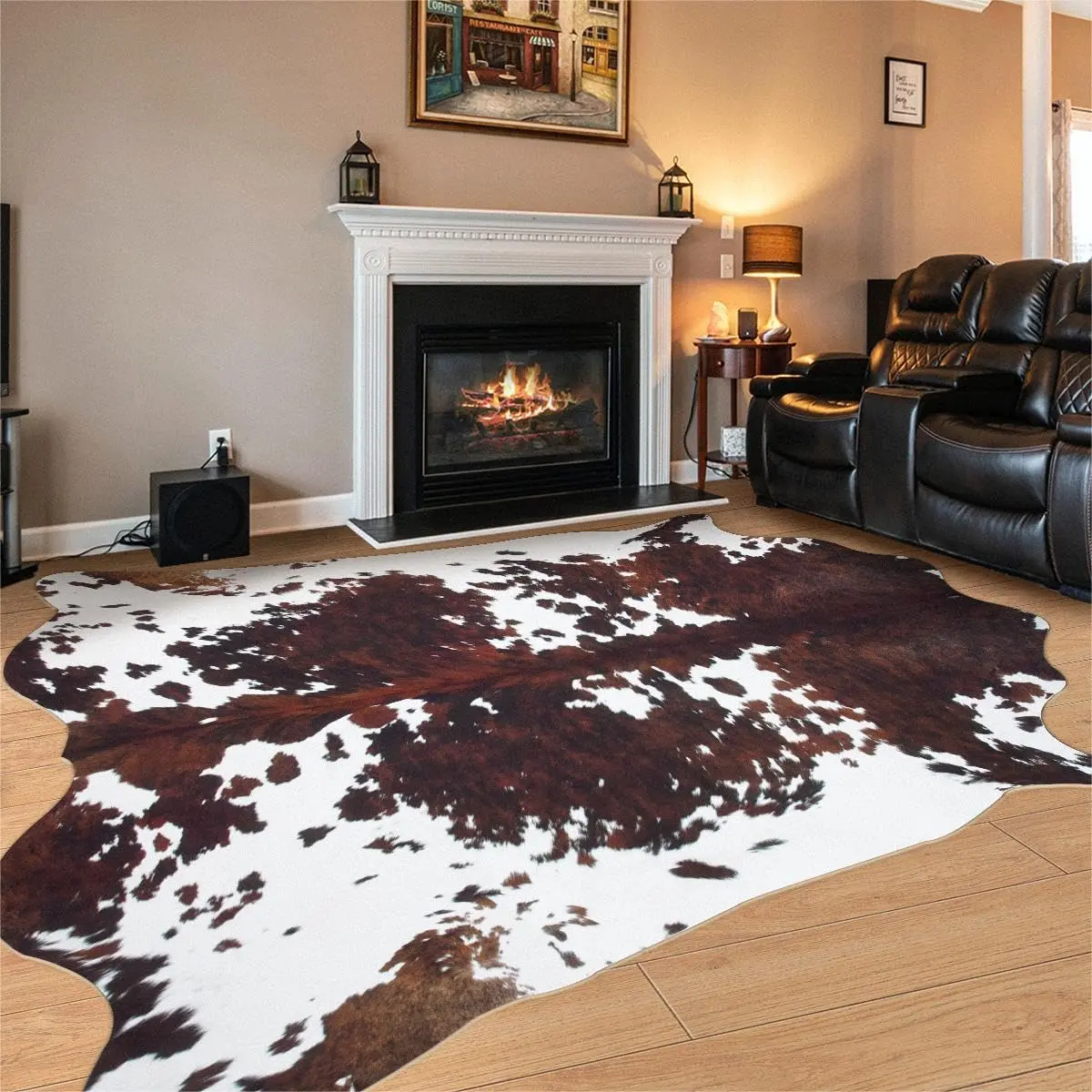 Vegan Faux Hide Rug, Bold Cow Print Animal Pattern Decorative Area Rug, Non-Slip Stable Underfoot Carpet for Bedroom, Living Room Western Decor