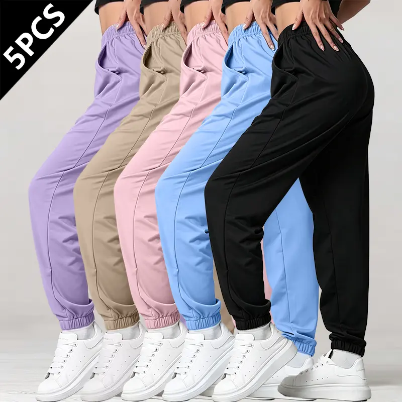 5-Pack – Women’s Casual Jogger Pants, Drawstring Waist, Pockets, Cuffed Ankle Sports Pants, Solid Color, Comfortable, Breathable, Minimalist Style, Essential for Everyday Wear