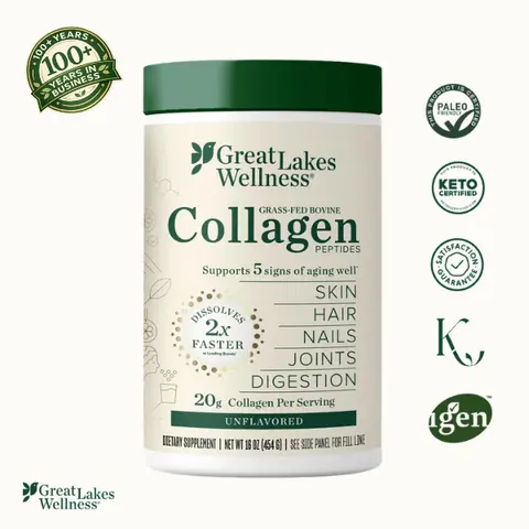 Great Lakes Wellness Collagen Peptides Powder – Supports Skin, Hair, Nails, Joints & Digestion – Hydrolyzed, Quick Dissolve, Non-GMO, Keto & Kosher – Pure Collagen Protein (16 oz, 22 Servings)