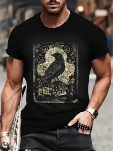 Men's Casual Short Sleeve T-Shirt with Raven Print - Sweat-Wicking Round Neck Tee Suitable for Year-Round Wear, Casual Outfits & Festival Events - Comfortable Casual Attire with Bird
