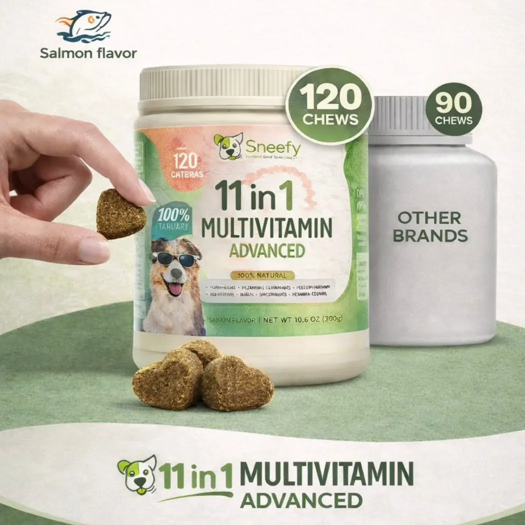 Sneefy Dog Multivitamin Chewable Vitamins & Supplements for Hip Joint Skin Coat Immune Support with Omega 3 Probiotics Vitamin C for Senior Dogs Puppies Salmon 120 Soft Chews