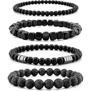 Men's Adjustable Slider Bangles Bracelets Set - Matte Agate Beads, Lava Rock & Obsidian Black Beads - Unisex Daily Gift for Birthday, Anniversary Fashion Accessories Jewelry