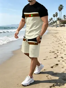 Men's New Striped 3D Print Casual Short Sleeve Outdoor Sports Tropical Set, Loose-Fitting, Long Length Tee and Shorts Clothes