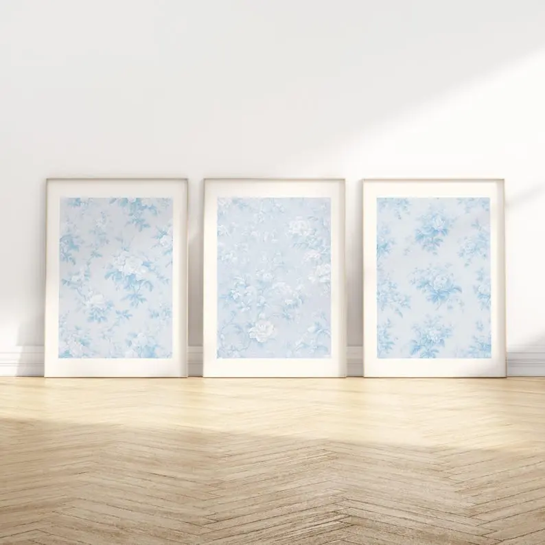 Love Shack Fancy Wall Art Blue Vintage Floral Print Set of 3 Blue Posters Chinoiserie Wall Decor Aesthetic Art Print Simple