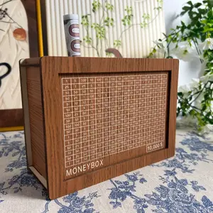 Wooden Money storage jar Money Bank, Countdown Money Saving Box with 10000 Dollars Target, Money storage jar with Money Target and Numbers to Check for Boys Girls (10000 USD)