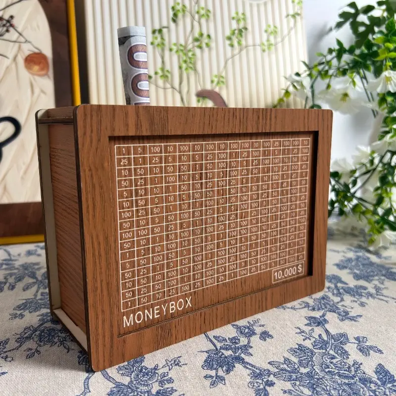 Wooden Money storage jar Money Bank, Countdown Money Saving Box with 10000 Dollars Target, Money storage jar with Money Target and Numbers to Check for Boys Girls (10000 USD) Home Decor Accessory