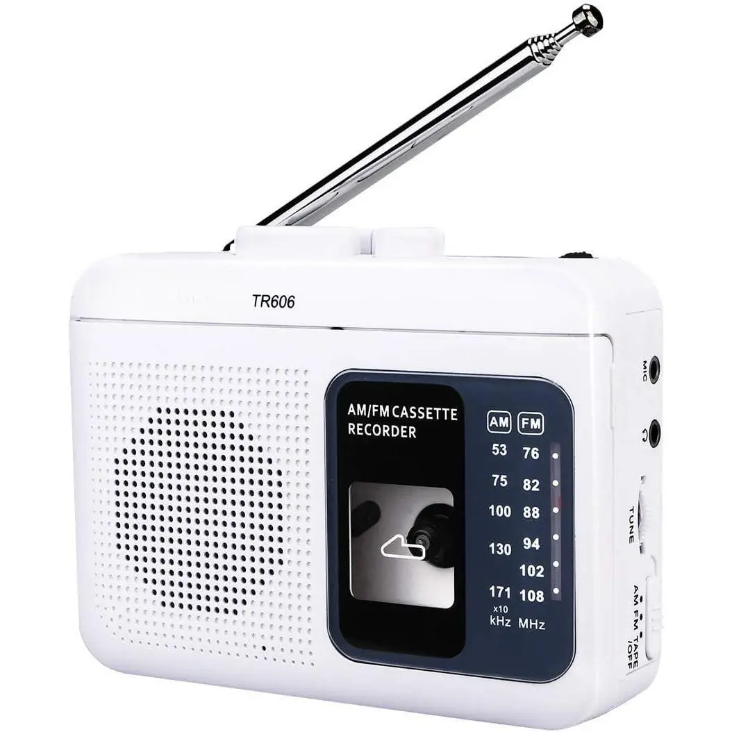 Portable Compact TR606 Cassette Tape Player Recorder with Built-in Speaker, AUX/Microphone Jack, AUX Line-in Recording, AM FM Radio, DC Power (White) – Ideal for Audio Playback, Birthday Gifting