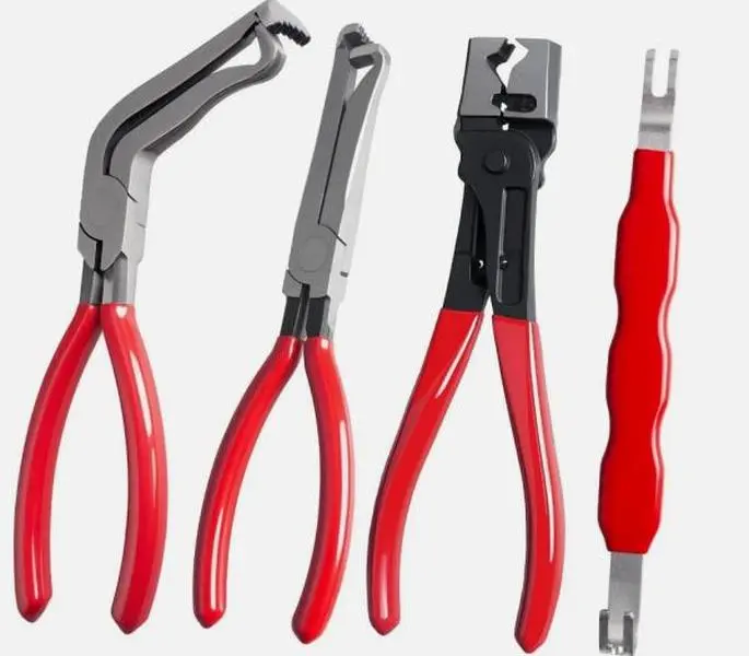 4-Piece Multi Function Electric Pliers Removal Tool Set - Straight, Curved, Connector, Tiger Pliers - Heavy Duty Red Handle Auto Repair Tools for Mechanics, Multi Function Pliers